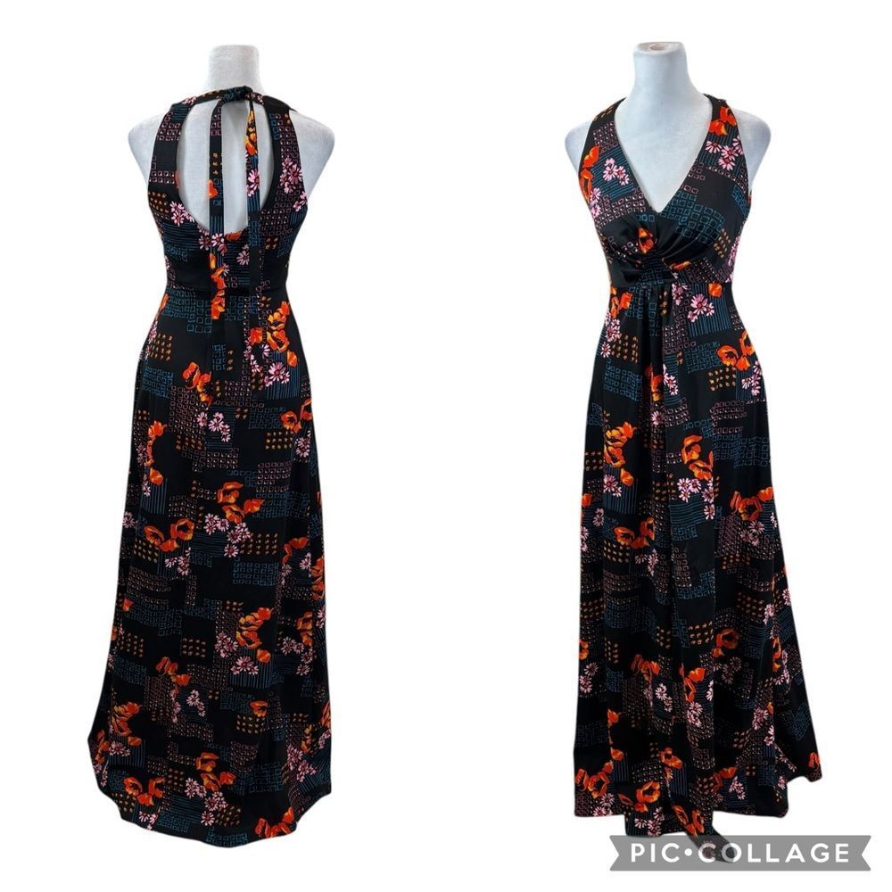 Ladies Vintage 60-70’s‎ Black and Floral Open Back Halter Top Maxi Dress Size 10